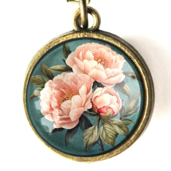 Pink Peony Pendant Necklace - Indiana State Flower - Floral Vintage Jewelry - Picture 1 of 5